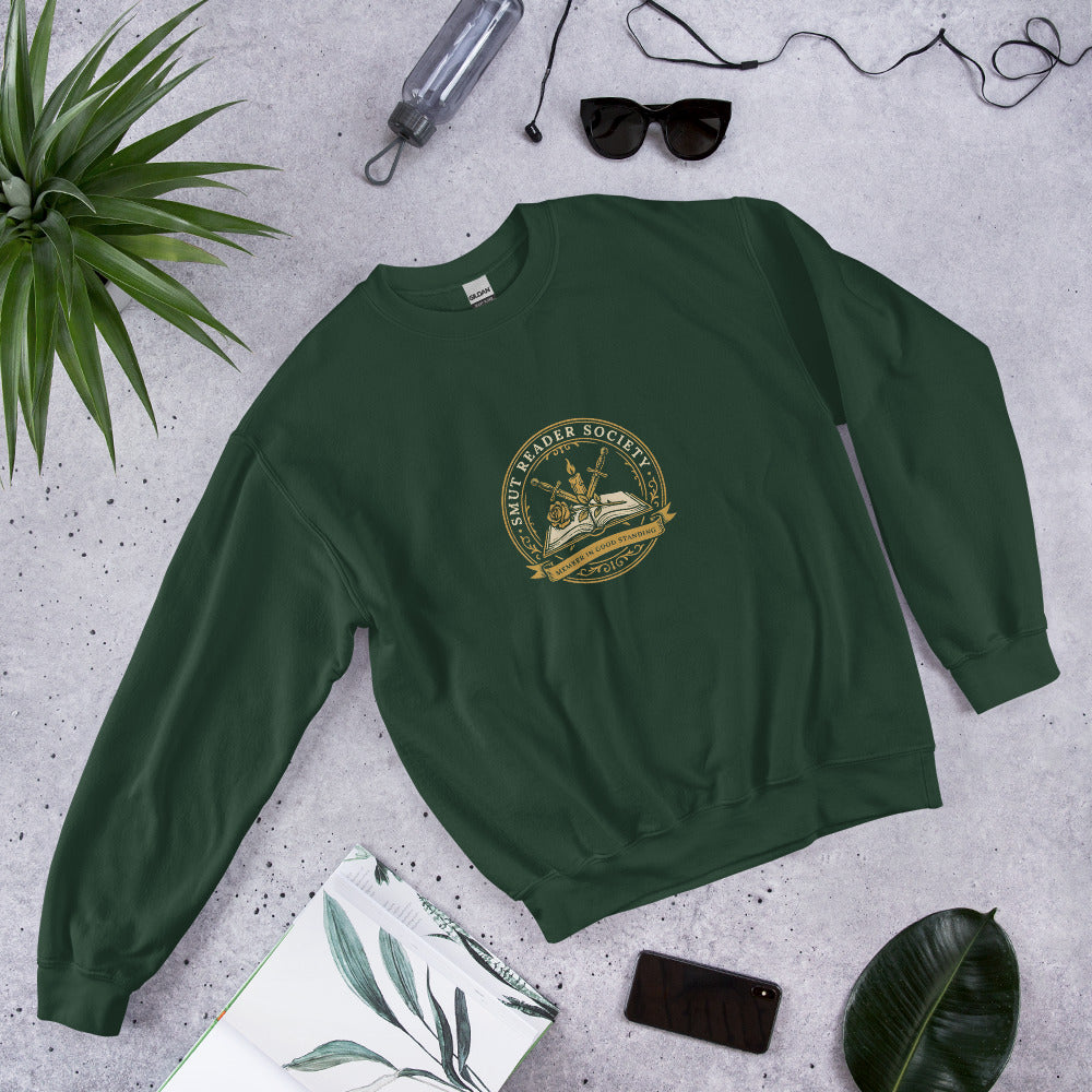 Smut Reader Society book lover dark academia crewneck sweatshirt — Forest Green, front angled