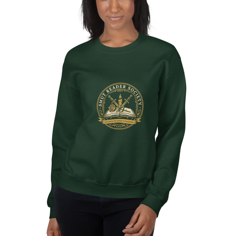 Smut Reader Society book lover dark academia crewneck sweatshirt — Forest Green, on model