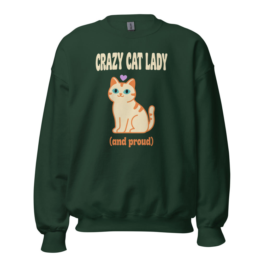 Crazy Cat Lady and Proud retro Y2K crewneck sweatshirt — Forest Green, front