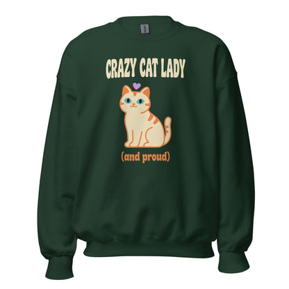 Crazy Cat Lady and Proud retro Y2K crewneck sweatshirt — Forest Green, front