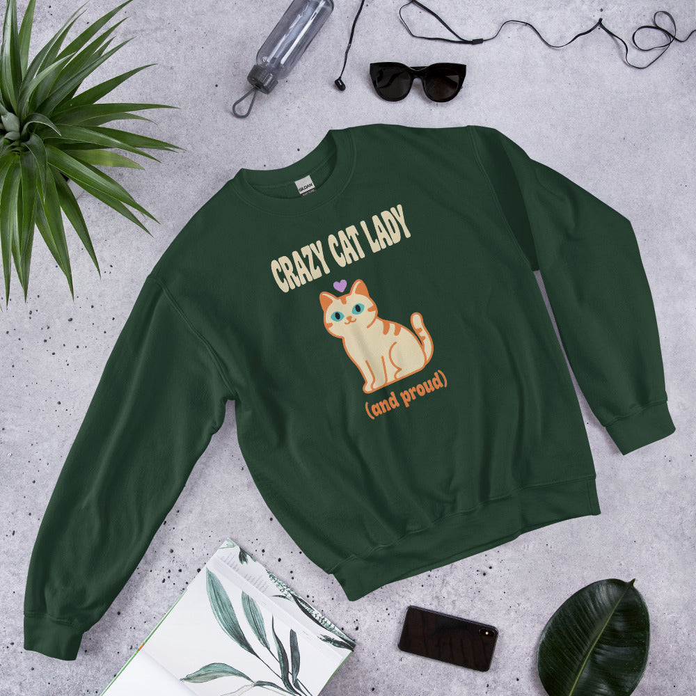 Crazy Cat Lady and Proud retro Y2K crewneck sweatshirt — Forest Green, front angled