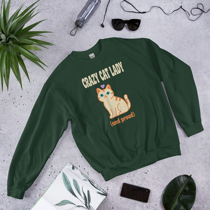 Crazy Cat Lady and Proud retro Y2K crewneck sweatshirt — Forest Green, front angled