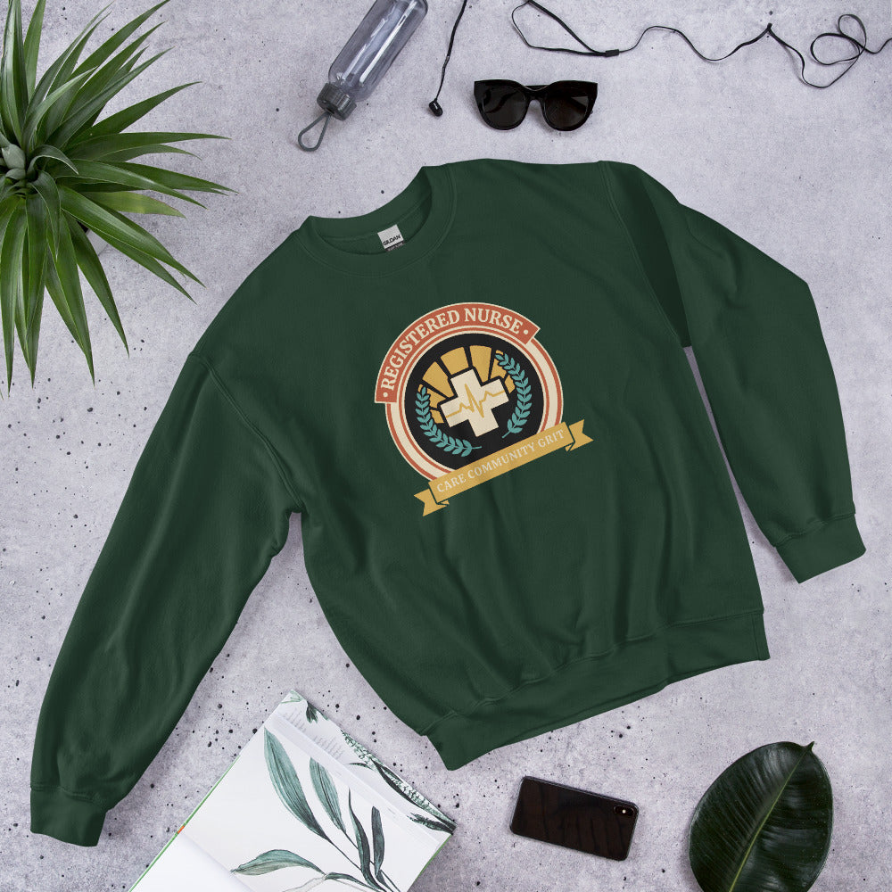 Registered Nurse vintage healthcare emblem badge crewneck sweatshirt — Forest Green, front-right