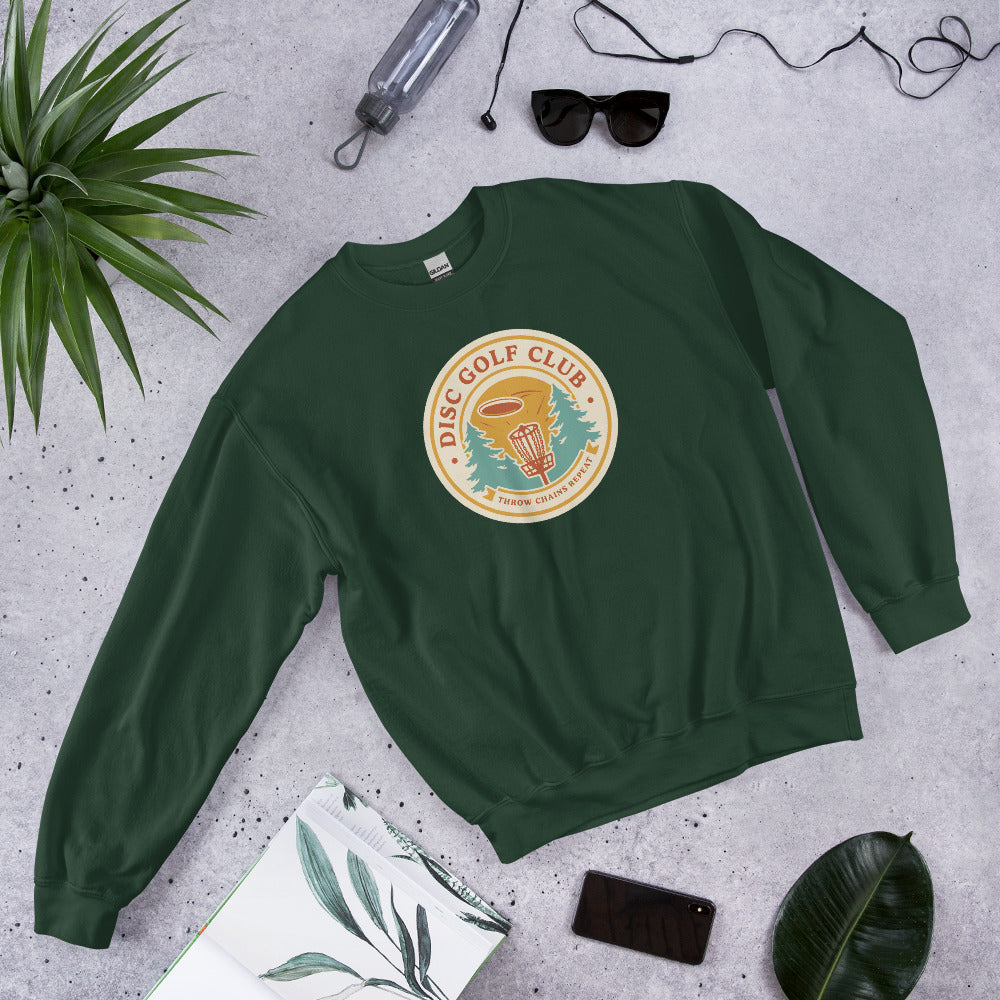 Disc Golf Club retro badge crewneck sweatshirt — Forest Green, front-right