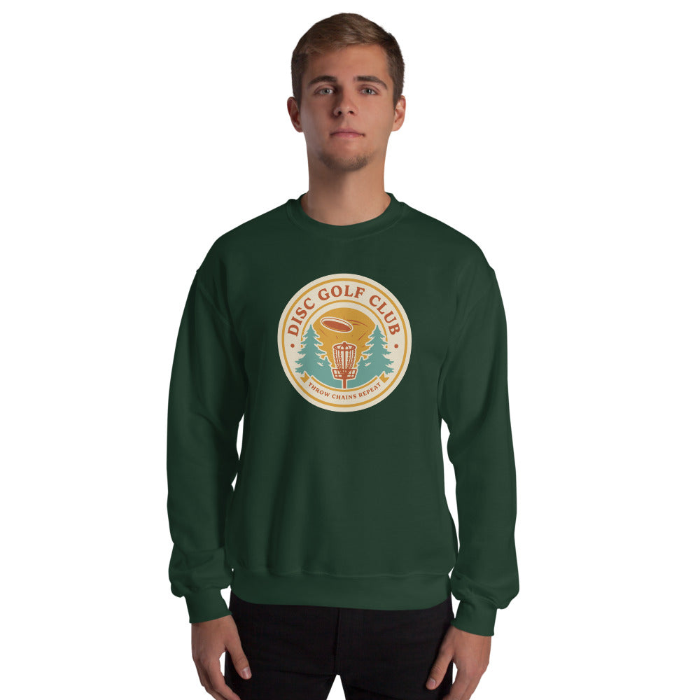 Disc Golf Club retro badge crewneck sweatshirt — Forest Green, on model
