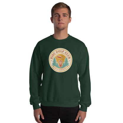 Disc Golf Club retro badge crewneck sweatshirt — Forest Green, on model