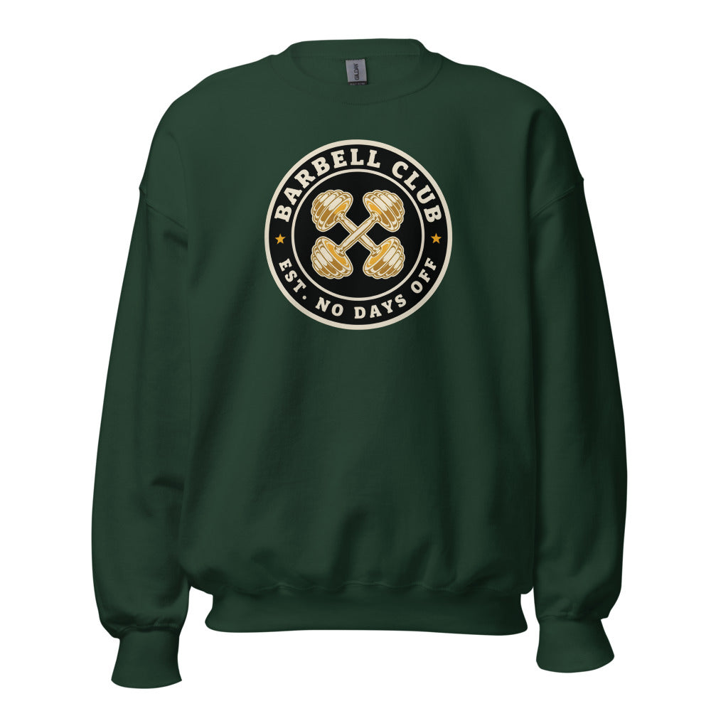 Barbell Club No Days Off vintage gym crewneck sweatshirt — Forest Green, front