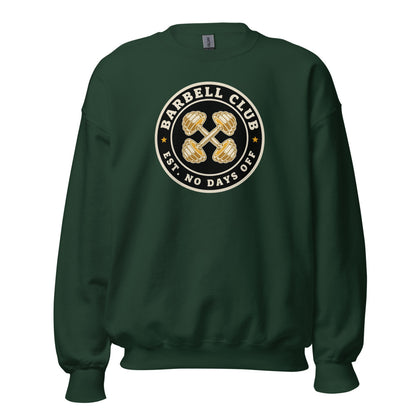 Barbell Club No Days Off vintage gym crewneck sweatshirt — Forest Green, front