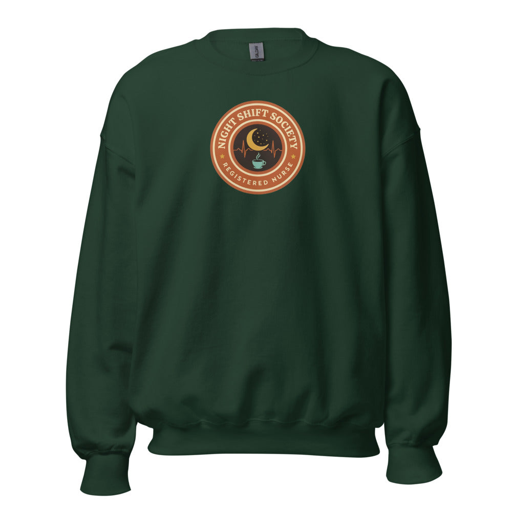 Night Shift Society retro registered nurse badge crewneck sweatshirt — Forest Green, front