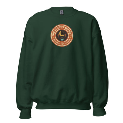 Night Shift Society retro registered nurse badge crewneck sweatshirt — Forest Green, front