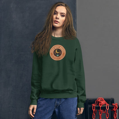 Night Shift Society retro registered nurse badge crewneck sweatshirt — Forest Green, on model