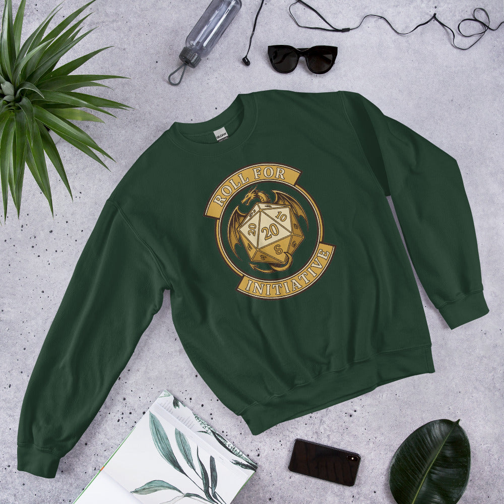 Roll For Initiative d20 dragon tabletop RPG crewneck sweatshirt — Forest Green, front-right
