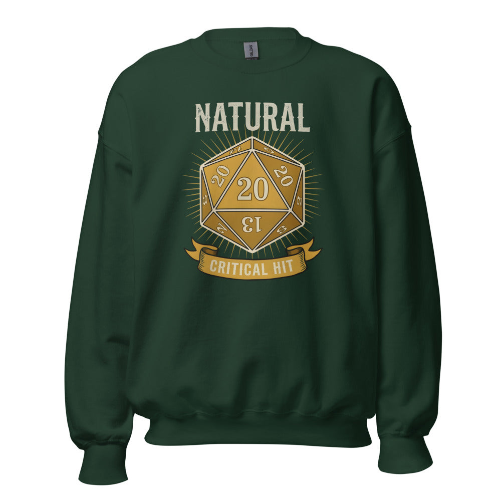 Natural 20 critical hit d20 tabletop RPG crewneck sweatshirt — Forest Green, front