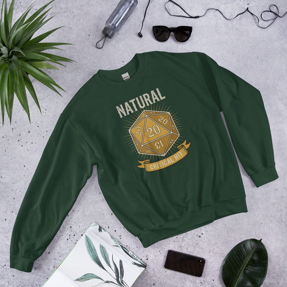 Natural 20 critical hit d20 tabletop RPG crewneck sweatshirt — Forest Green, front-right