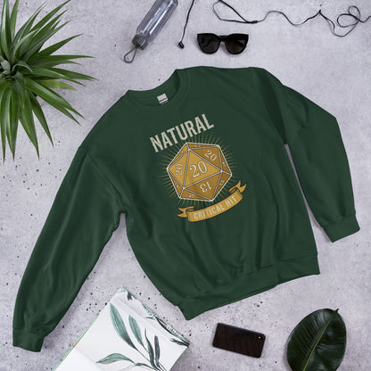 Natural 20 critical hit d20 tabletop RPG crewneck sweatshirt — Forest Green, front-right