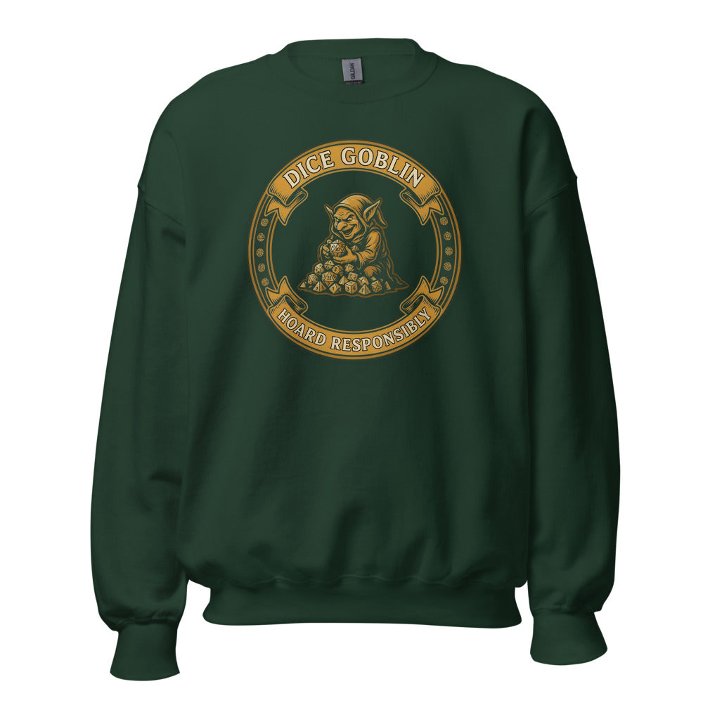 Dice Goblin Hoard Responsibly tabletop RPG crewneck sweatshirt — Forest Green, front