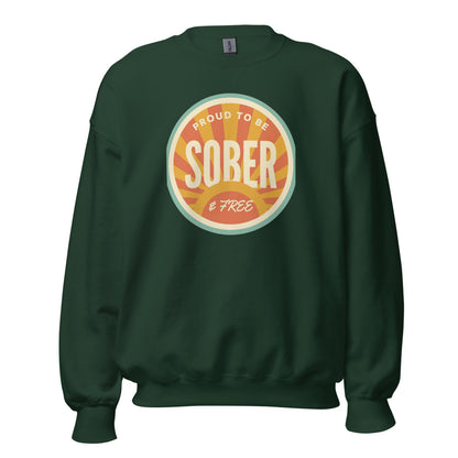 Sober & Proud retro sunburst crewneck sweatshirt — Forest Green, front