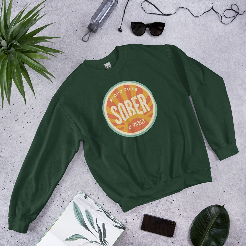 Sober & Proud retro sunburst crewneck sweatshirt — Forest Green, front-right