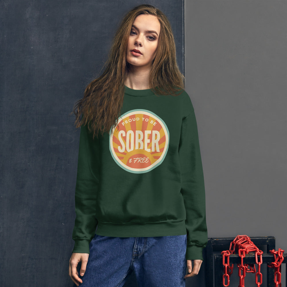 Sober & Proud retro sunburst crewneck sweatshirt — Forest Green, on model