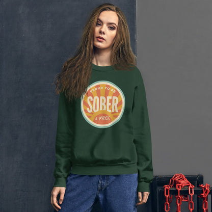Sober & Proud retro sunburst crewneck sweatshirt — Forest Green, on model