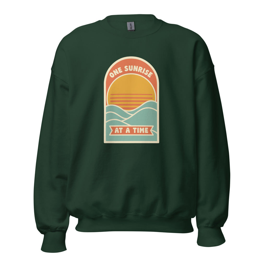 One Sunrise at a Time retro sunrise crewneck sweatshirt — Forest Green, front