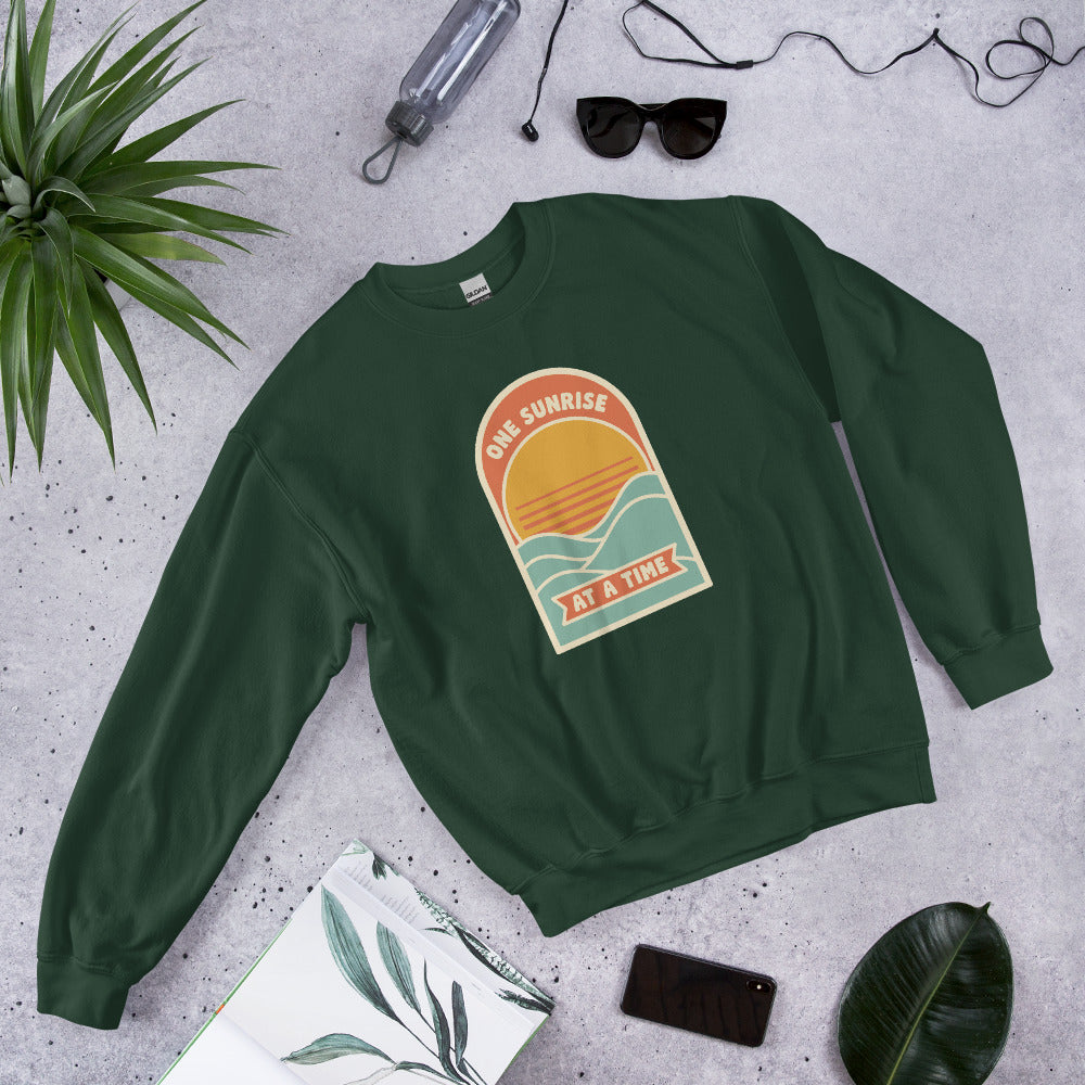 One Sunrise at a Time retro sunrise crewneck sweatshirt — Forest Green, front-right
