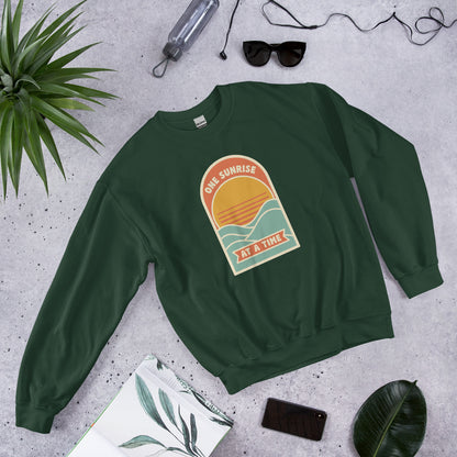 One Sunrise at a Time retro sunrise crewneck sweatshirt — Forest Green, front-right