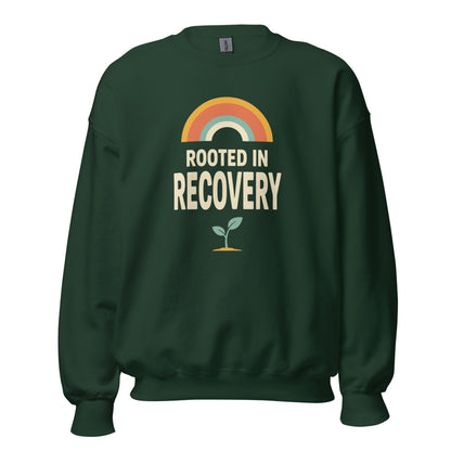 Rooted in Recovery retro rainbow crewneck sweatshirt — Forest Green, front