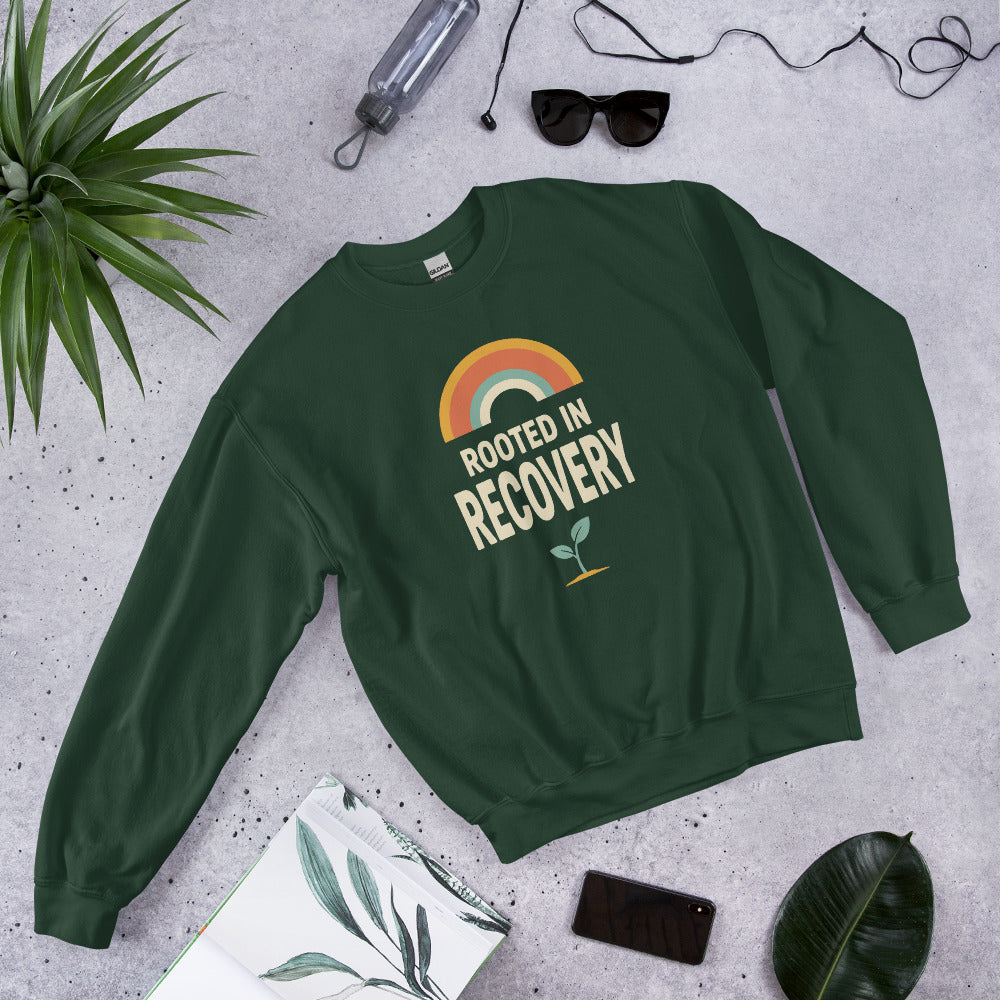 Rooted in Recovery retro rainbow crewneck sweatshirt — Forest Green, front-right