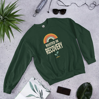 Rooted in Recovery retro rainbow crewneck sweatshirt — Forest Green, front-right