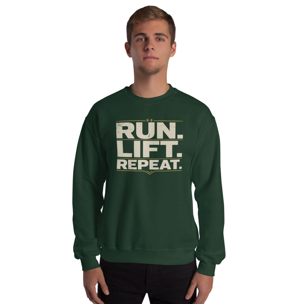 Run Lift Repeat vintage athletic crewneck sweatshirt — Forest Green, on model