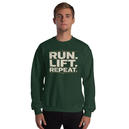 Run Lift Repeat vintage athletic crewneck sweatshirt — Forest Green, on model