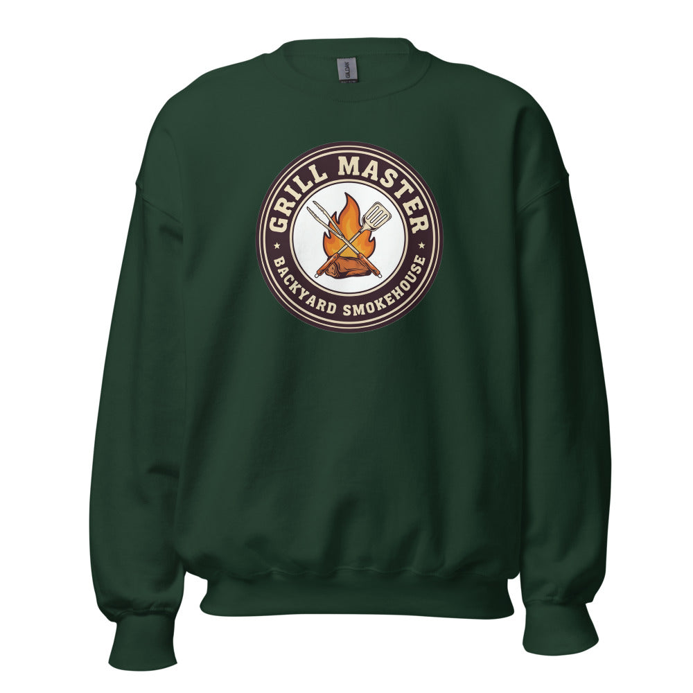 Grill Master retro backyard smokehouse crewneck sweatshirt — Forest Green, front