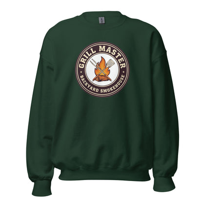 Grill Master retro backyard smokehouse crewneck sweatshirt — Forest Green, front
