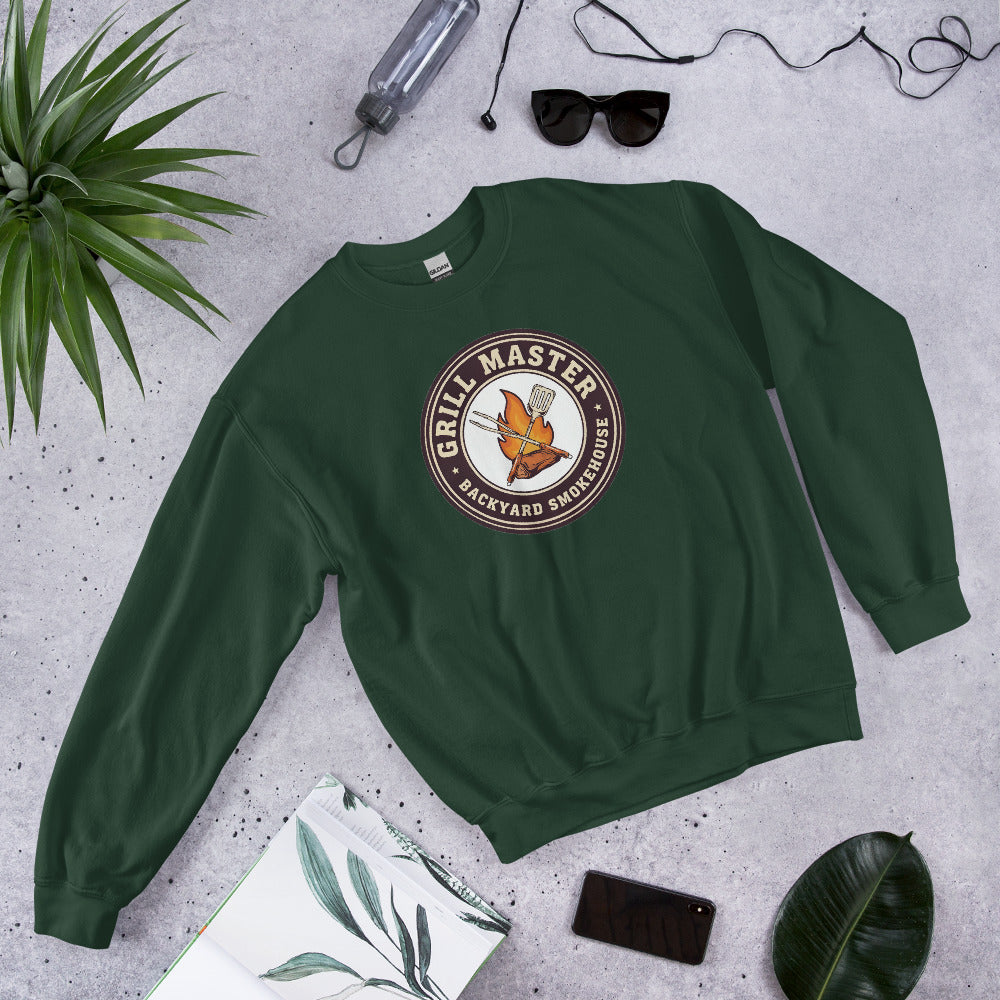 Grill Master retro backyard smokehouse crewneck sweatshirt — Forest Green, front-right