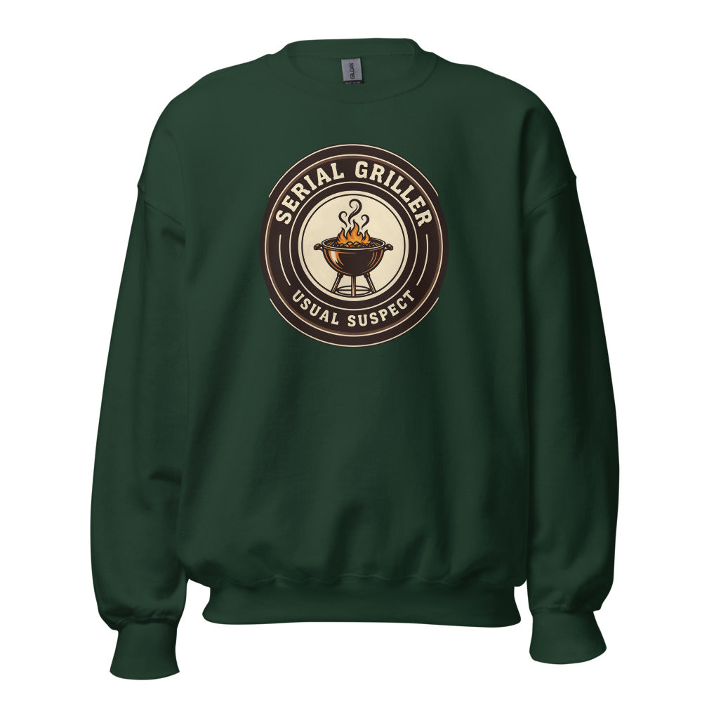 Serial Griller funny BBQ crewneck sweatshirt — Forest Green, front