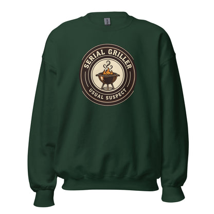 Serial Griller funny BBQ crewneck sweatshirt — Forest Green, front