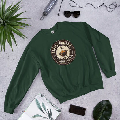 Serial Griller funny BBQ crewneck sweatshirt — Forest Green, front-right