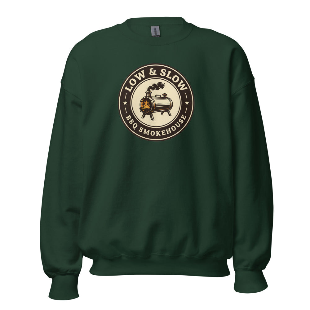 Low & Slow BBQ smoker crewneck sweatshirt — Forest Green, front