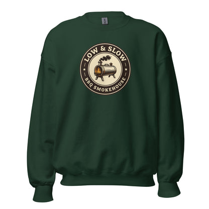 Low & Slow BBQ smoker crewneck sweatshirt — Forest Green, front