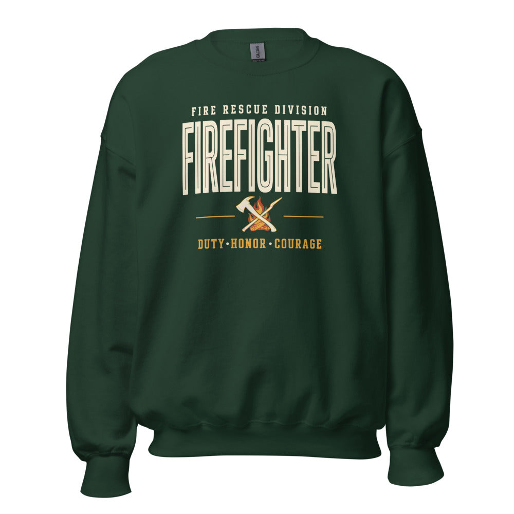 Firefighter collegiate wordmark retro fire-rescue crewneck sweatshirt — Forest Green, front