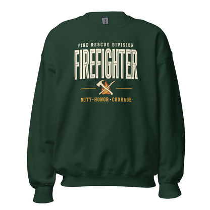 Firefighter collegiate wordmark retro fire-rescue crewneck sweatshirt — Forest Green, front