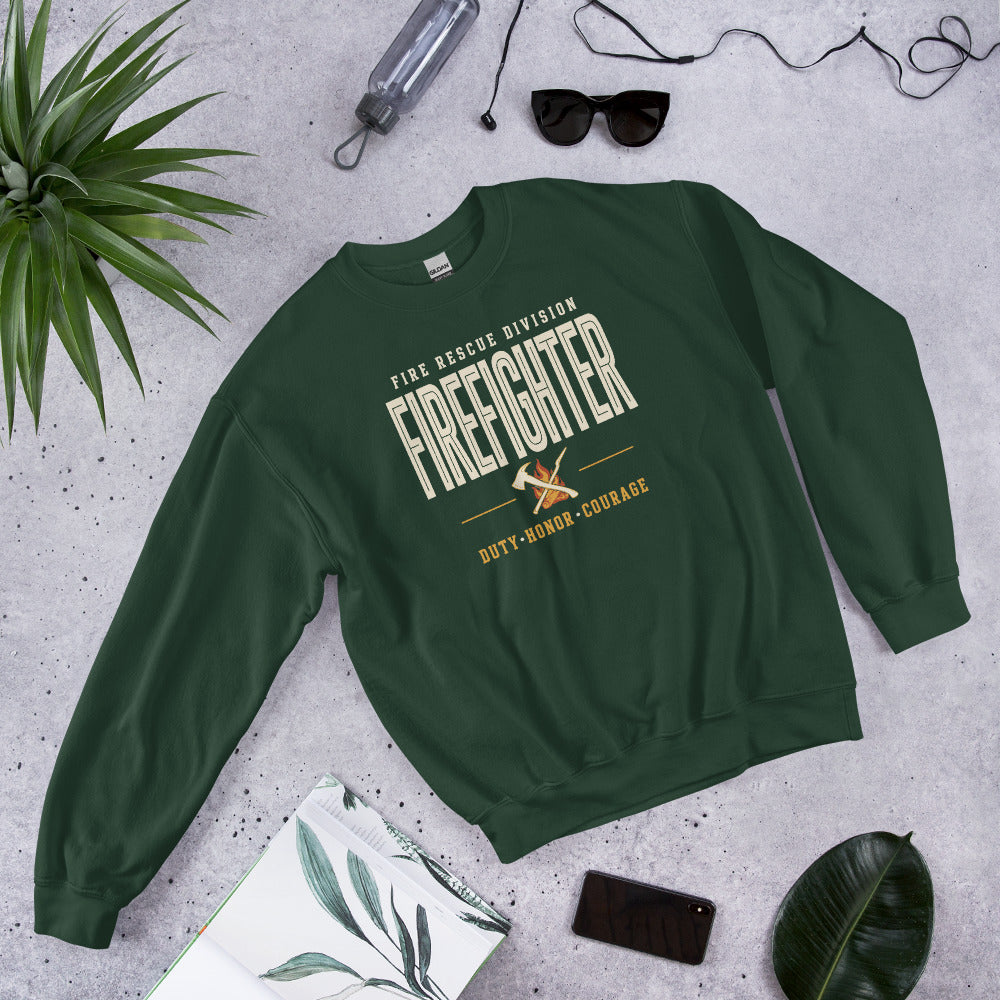 Firefighter collegiate wordmark retro fire-rescue crewneck sweatshirt — Forest Green, front-right