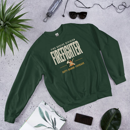 Firefighter collegiate wordmark retro fire-rescue crewneck sweatshirt — Forest Green, front-right