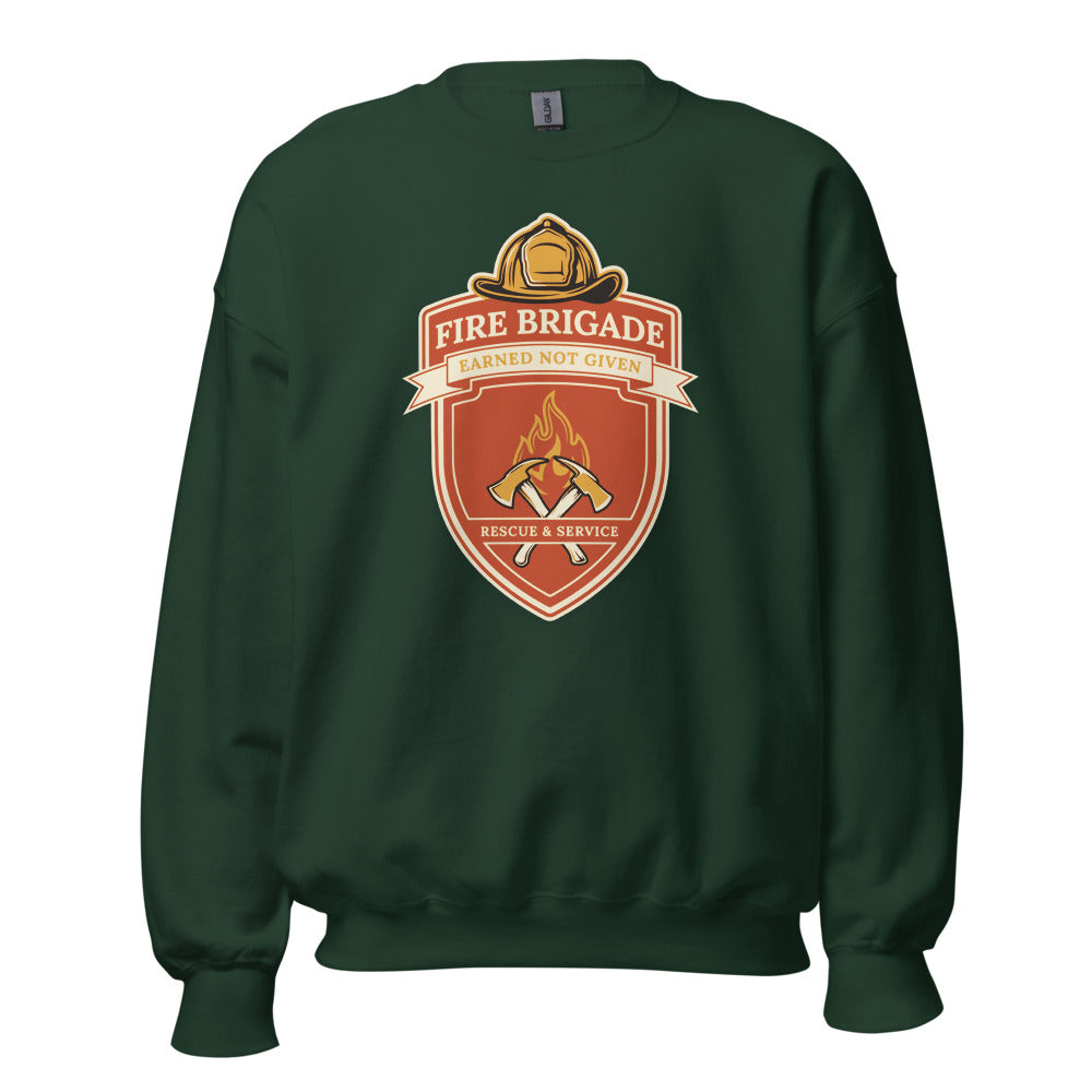Fire Brigade Earned Not Given retro firefighter shield emblem crewneck sweatshirt — Forest Green, front
