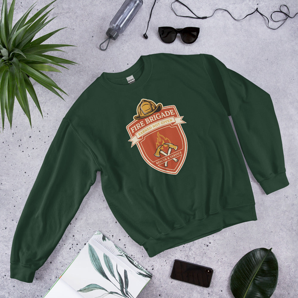 Fire Brigade Earned Not Given retro firefighter shield emblem crewneck sweatshirt — Forest Green, front-right