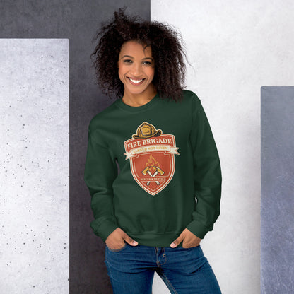 Fire Brigade Earned Not Given retro firefighter shield emblem crewneck sweatshirt — Forest Green, on model