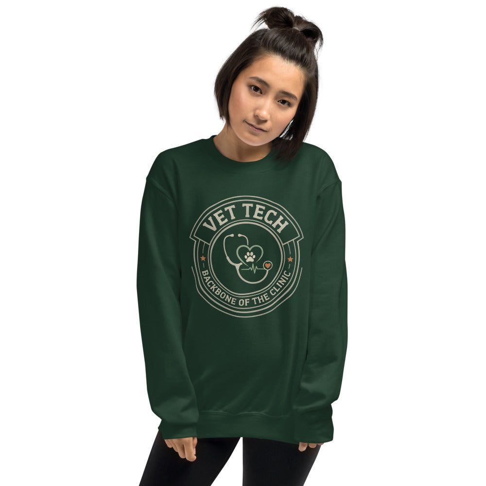 Vet Tech Crest retro veterinary technician crewneck sweatshirt — Forest Green, on model