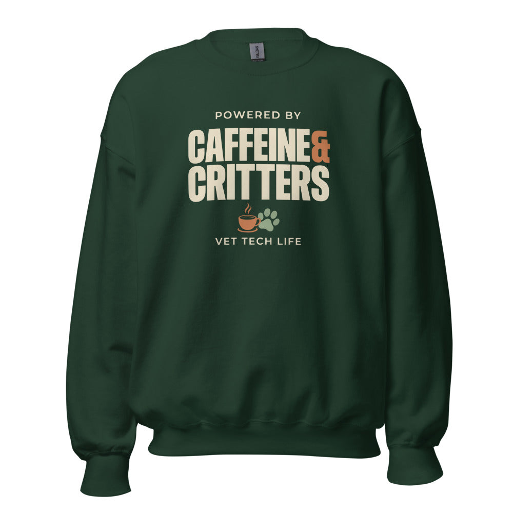 Powered by Caffeine & Critters funny vet tech crewneck sweatshirt — Forest Green, front