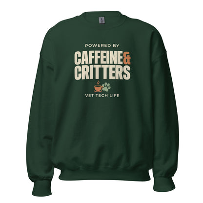 Powered by Caffeine & Critters funny vet tech crewneck sweatshirt — Forest Green, front
